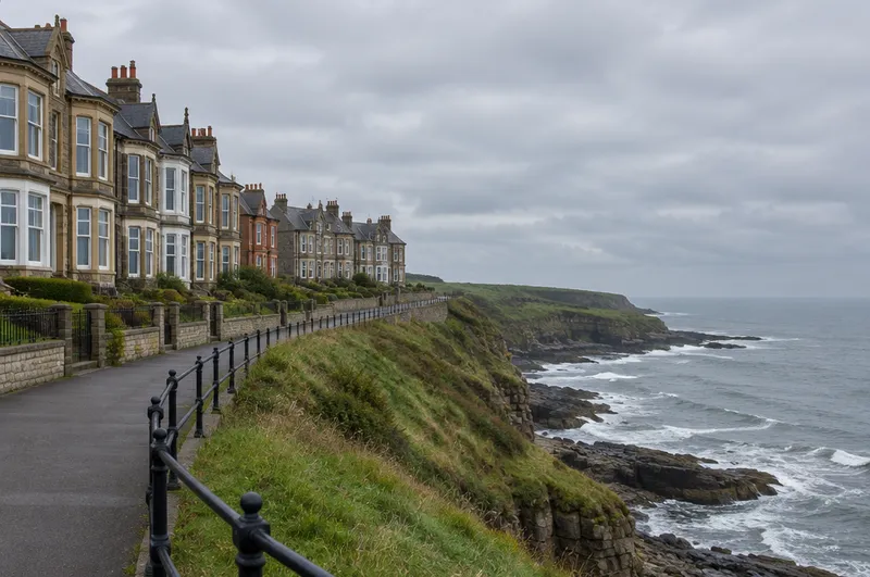 Areas around Hartlepool: illustration of Victorian houses along a clifftop promenade above a grey sea