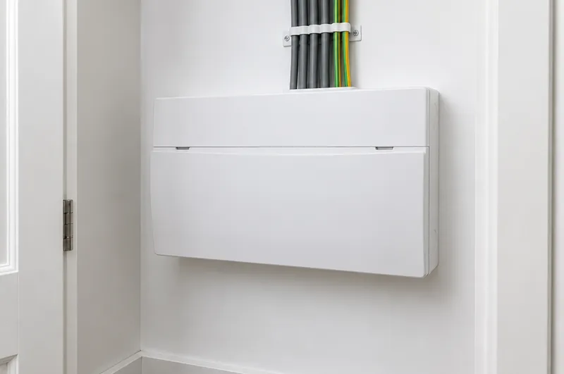 Consumer unit replacement in Hartlepool: illustration of a new white consumer unit fitted in a hallway cupboard