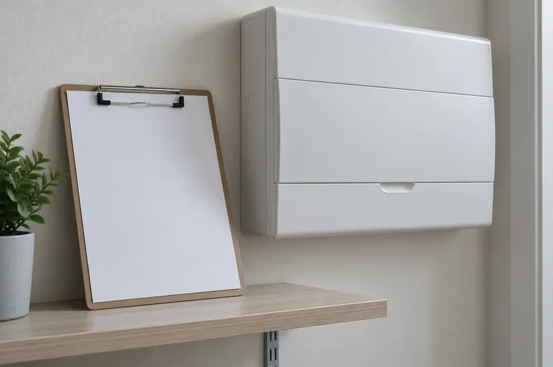 EICR in Hartlepool: illustration of a clipboard with a blank test sheet next to a closed white consumer unit
