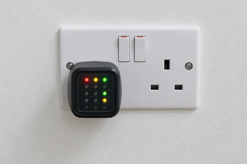 Electrical fault finding in Hartlepool: illustration of a plug-in socket tester lit up in a white wall socket