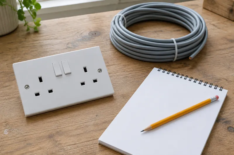 Electrician prices in Hartlepool: illustration of a socket faceplate, a coil of cable and a notepad on a bench