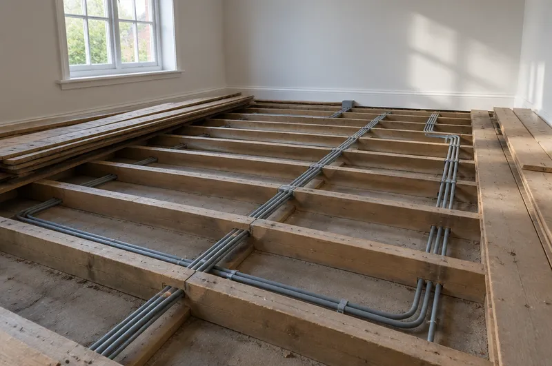 Rewire in Hartlepool: illustration of lifted floorboards with new grey cable laid between the joists